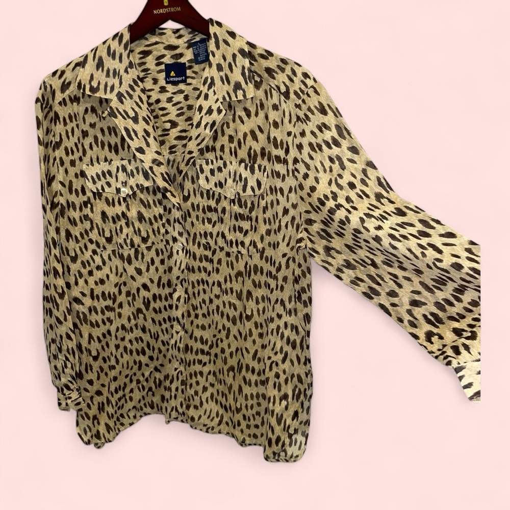 Vintage 80’s-90’s Liz Sport breezy leopard print wide collar cotton blouse sheer